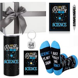 Geiserailie 7 Pcs Science Teacher Appreciation Gifts Include Stainless Steel Cup Notebook Pen Socks Keychain Greeting Card Box Gift for Science Lovers Scientist Chemistry Teacher
