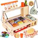 Foldable Sandwich Maker Toy, Wooden Sandwich Counter with Hamburgers, Side Dishes, Beverages, Pretend Play Kitchen Food Toy, Preschool Toys Gift for Kids 3+