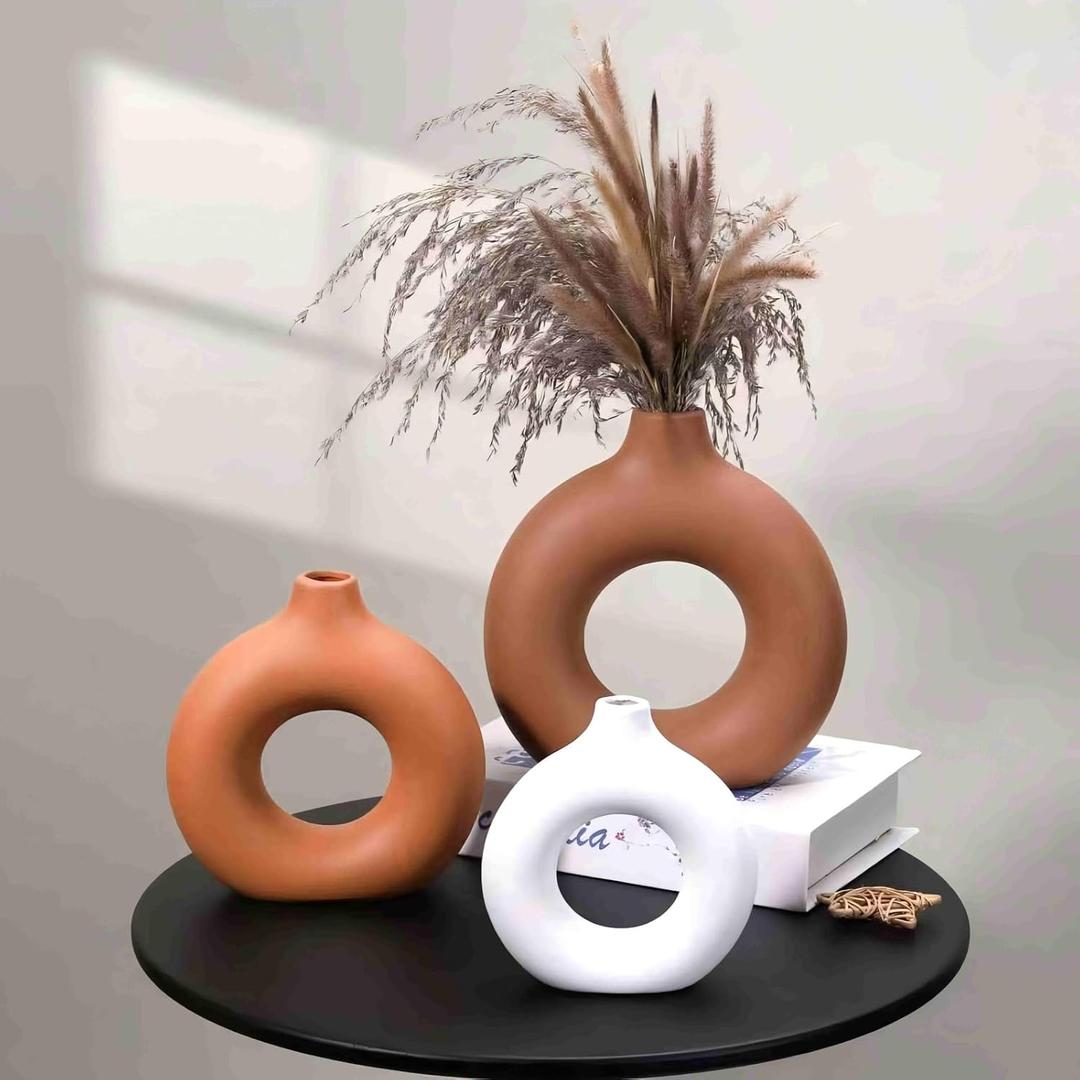 Ceramic Vases Set of 3 Home Decor- Modern Farmhouse, Boho, Aesthetic Brown/White Flower Vase for Living Room Shelf Entry Way Table Centerpiece Decorations (Brown)
