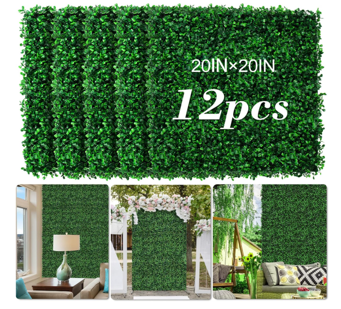 20"X20" Artificial Grass Wall, 12 Pcs Boxwood Hedge Wall Panels UV-Anti Grass Backdrop Wall Decor, Greenery Privacy Hedge Screen for Indoor Outdoor Patio Balcony, Party Garden Fence Decor