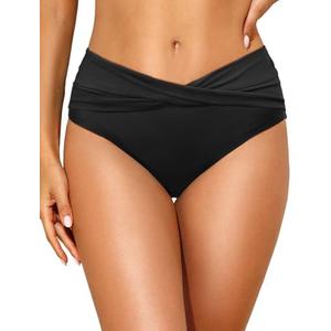 Tempt Me Women Mid Waist Bikini Bottoms - V Cut Bathing Suit Bottoms Twist Front Swimsuit Bottoms Ruched Swimwear 2025 Large
