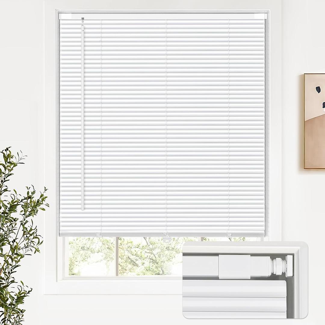 LazBlinds No Tools No Drill Cordless Aluminum Mini Blinds, 100% Privacy S-Curve Blinds for Windows, Room Darkening Horizontal Window Blinds and Shades for Home, 22" W x 64" H, White