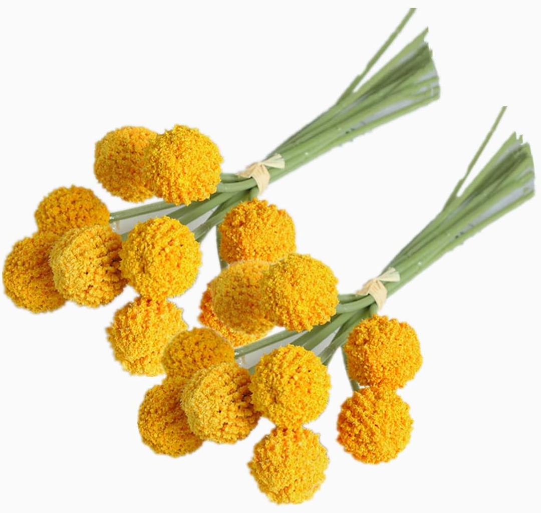 Rikyo 18 Stems Fake Flowers Billy Balls,10 Artificial Billy Button Flower Bouquet,Permanent Flower Craspedia for DIY Crafts Wreath,Table Wedding Party Centerpieces Decor,Holiday Store (Golden)
