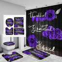 4Pcs Purple Rose Shower Curtain Sets, Thankful Grateful Blessed Bathroom Curtain with Non-Slip Rug, Toilet Lid Cover, Bath Mat and 12 Hooks, Romantic Showy Floral Wedding Decor for Bath, 72 x 72 inch