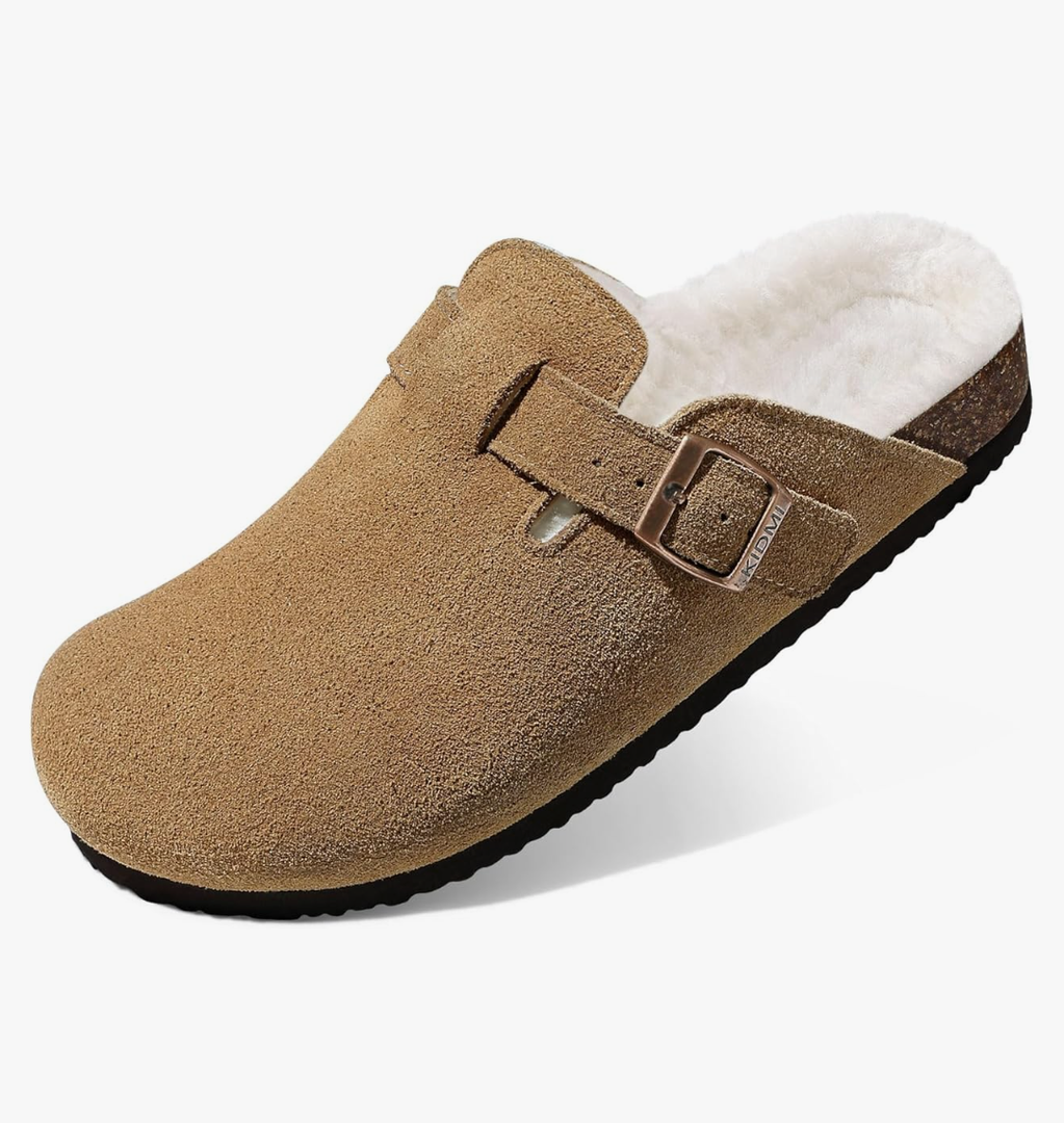 KIDMI Women's Fur Lined Suede Clogs Fuzzy Cork Footbed Mules Slip On Winter Potato Shoes 6.5