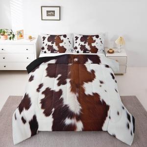 Brown Cow Gifts Comforter Sets Twin Size, Highland Cow Faux Cowhide Comforter Set Bed in A Bag(1 Comforter, 1 Flat Sheet 1 Fitted Sheet 2 Pillowcases and 2 Throw Pillow Covers)