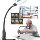 10X Magnifying Glass with Light and Stand, LED 5 Color Modes, Brightness Stepless Dimming Lighted Magnifier Hands Free, Flexible Gooseneck Desk Lamp with Clamp for Close Works, Crafts, Hobby, Painting (Black)