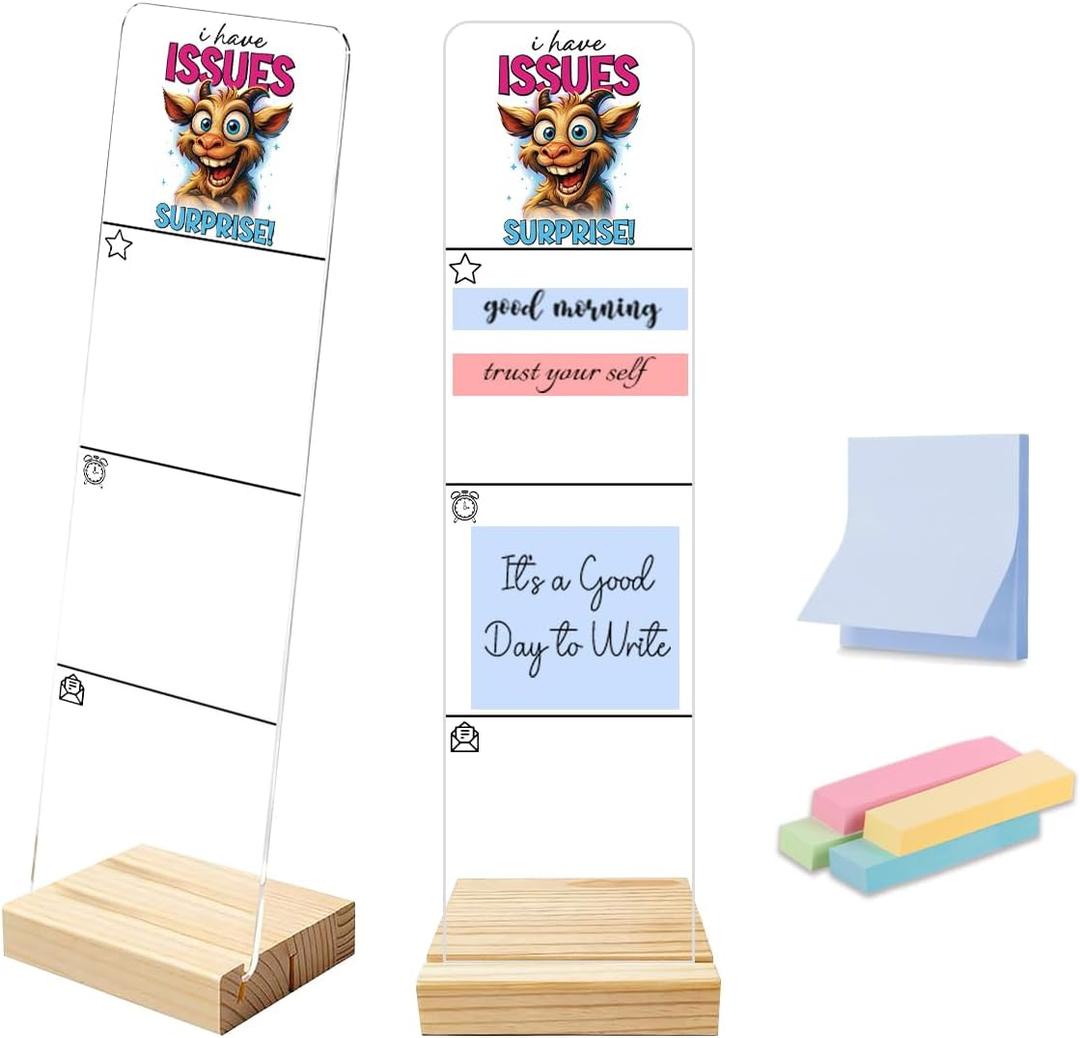 4 x Sticky Note Holder, Monitor Memo Board, Acrylic Post It Note Holder with Wooden Base, Includes 200 Notes, Desk Organizer, Funny Goat Quote “I Have Issues Surprise”, 11.8 x 3.1 inches