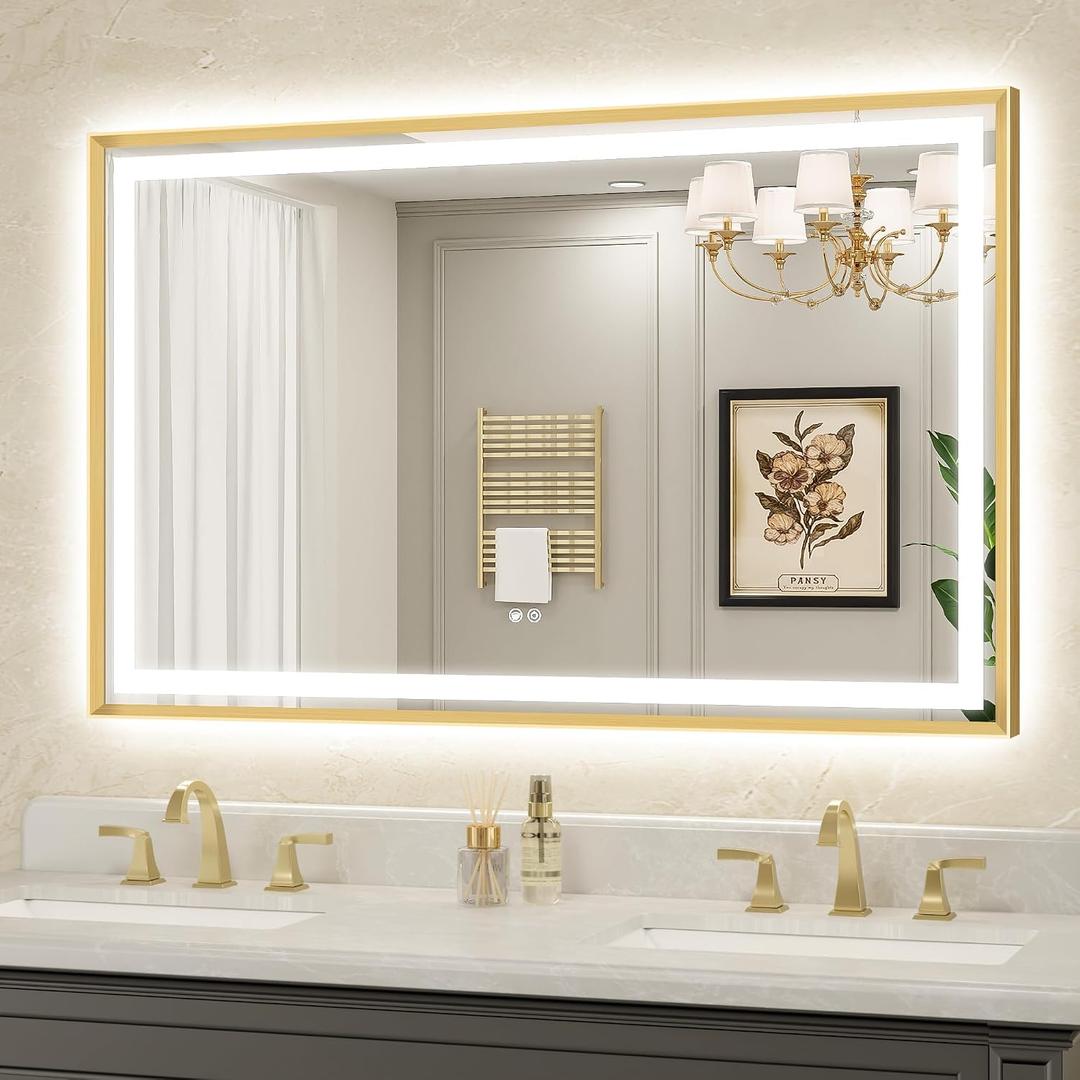 LED Bathroom Mirror 48"x30" Inch Brushed Gold Metal Frame Lighted Bathroom Vanity Mirror with Lights, Brighter Frontlit and Backlit Light up Anti Fog Mirror, 3-Color Dimmable, Memory Function