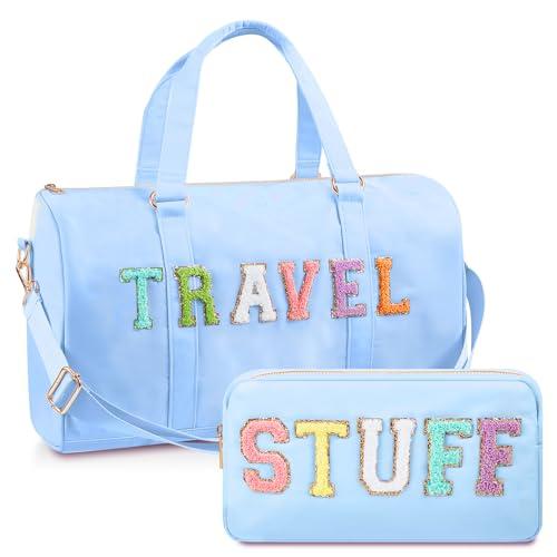 Shinylin 2 Pcs Travel Preppy Duffle Bag and Chenille Letter Makeup Pouch Cosmetic Zipper Patch Weekender Carry on Tote Bag for Women(Blue)