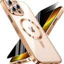 Magnetic for iPhone 13 Pro Max Case with Privacy Screen Protector & Full Camera Cover,[Non-Yellowing] Plating Glossy Soft Shockproof Clear Phone Case Women Girls for 13 ProMax,Gold