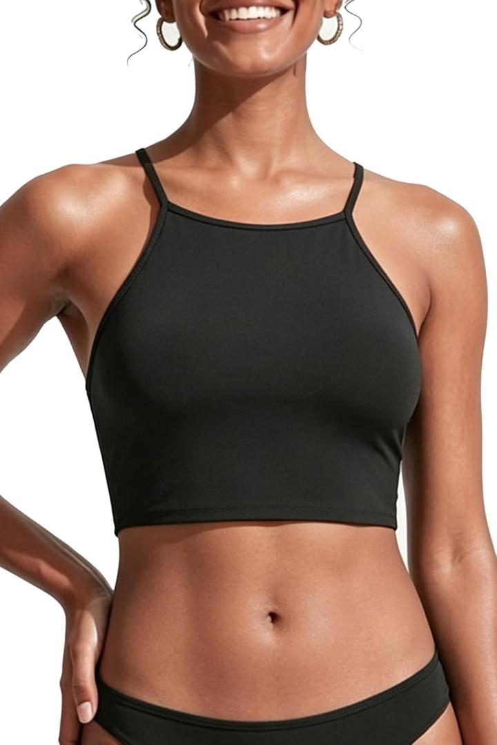 Aqua Eve Women's Sport Bra Bikini Tops Racerback Swimsuit High Neck Bathing Suit Crop Swim Tops Only No Bottom (Large, Black)