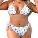 Daci Women Plus Size Triangle Bikini Sets Two Piece Double Straps Halter Swimsuit Side Tie String Sexy Bathing Suits (16 Plus, White and Blue Flowe)