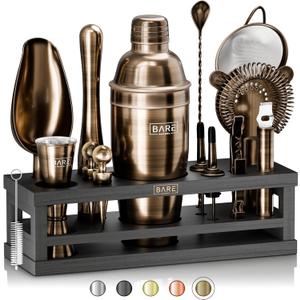 BARE BARREL Mixology Bartender Kit Bar Set | 16-Piece Cocktail Shaker Set | Martini Barware Mixing Tools for Home Bartending | Incl. 35 Recipe Cards | Gift Set (24oz Cobbler Shaker, Brass/Black)