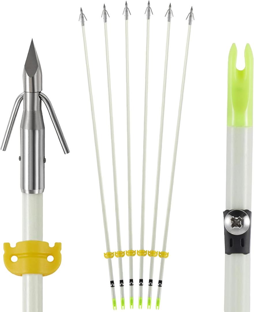 6 Pack 32 inch Bowfishing Arrows with Broadheads and Safty Slides Bow Fishing Arrow Luminous for Compound Bow Recurve Bow Fishing Hunting, 35 inch