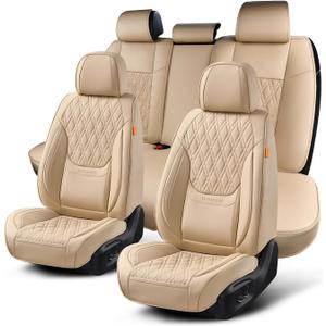Car Seat Covers Full Set, Breathable Leather Automotive Front and Rear Seat Covers, Car Seat Protectors Full Set,Universal Automotive Vehicle Seat Cover for Most Sedan SUV Pick-up Trucks, Beige