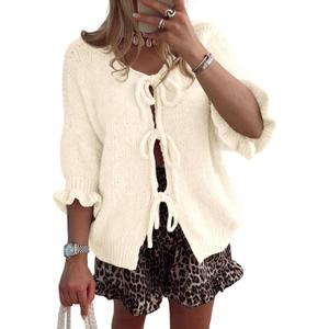 Saodimallsu Womens Tie Front Bow Cardigan Sweaters Lightweight Knit Ruffle Half Sleeve 2025 Trendy Jacket (Small, Apricot)