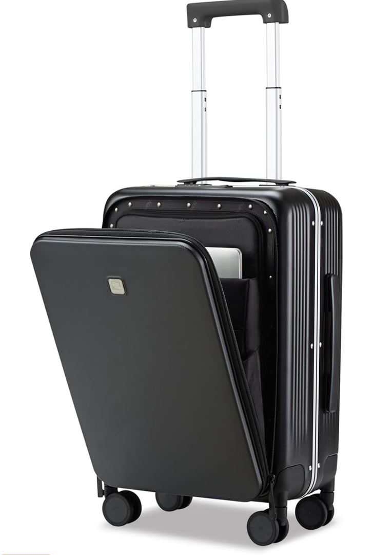 Hanke Grace Hard Shell Suitcases with Wheels,20 Inch Carry On Luggage Airline Approved with Aluminum Frame, Travel suitcase with Front Pocket Travel Luggage for Short Business Trips, Jet Black.