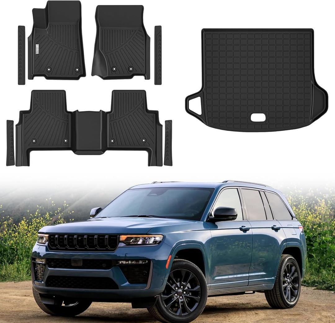 Floor Mats for 2022-2026 Jeep Grand Cherokee 5 Seats (Not for WK or L) | All Weather TPE Set, Durable Non-Slip Protection For 1st & 2nd Row Floor Liners, Rear Cargo Mat & Door Sill Protectors