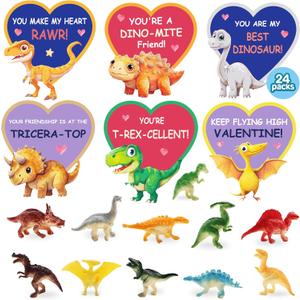 24 Packs Valentines Day Cards for Kids School with Mini Dinosaurs Figures Toys, Boys Girls Classroom Exchange