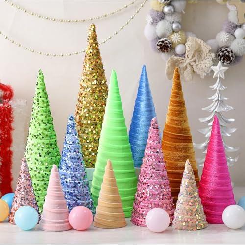 Ireer 12 Pcs Christmas Velvet Trees Set Various Size Velvet Cone Modern Decorations Indoor Table Tree Centerpiece Minimalist Xmas Holiday Winter Home Decor (Colorful)