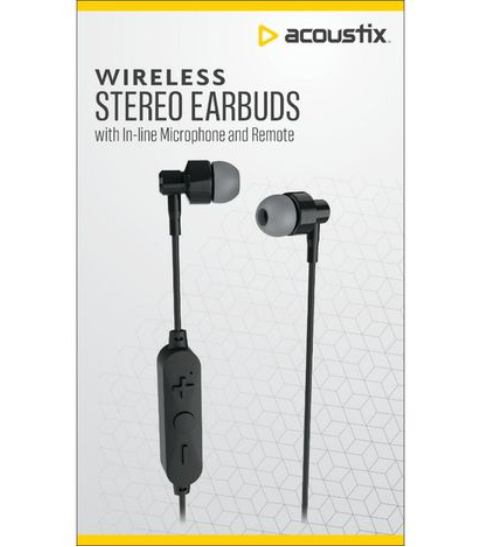 Acoustix Wireless Stereo Earbuds w In-Line Microphone and Remote (Black)