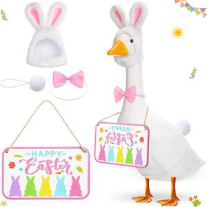 Easter Bunny Porch Goose Outfit Goose Statue Clothes with Happy Easter Sign, Bunny Ear Hat and Bowtie Tail for 23" Cement Plastic Gooses, Outdoor Yard Lawn Patio Decor