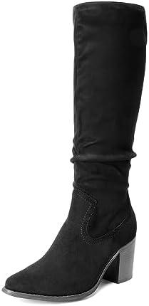 DREAM PAIRS Women's Knee-High Boots, Comfortable Chunky Block Heel Pointed Toe Pull On Side Zipper Suede Slouch Riding Boots, 9.5, Black