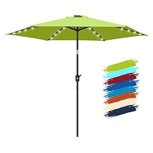 FRUITEAM Solar Patio Umbrella Outdoor LED Swimming Pool Umbrella, 7 1/2 FT Table Umbrella with Lights Heavy Duty Patio Umbrella with Sturdy Ribs, Crank, Easy Tilt Adjustment, Aqua Blue (Azure)