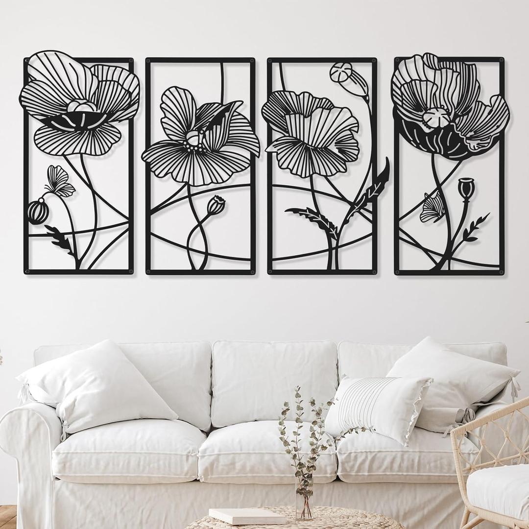 4 Pcs Wall Decor Metal Floral Minimalist Line Art Wall Living Room Bedroom Flower Aesthetic Modern Sculpture Poppy Theme Hanging Home Kitchen Bathroom Decorations (Black, Elegant)