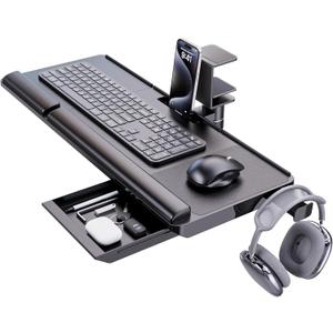 Klearlook Keyboard Tray Under Desk with 360 Rotation, Ergonomic Computer Keyboard & Mouse Tray 25"W11.02"D Sit Stand Desk Keyboard Holder w/Wrist Rest & Storage Drawer (Height is not Adjustable)