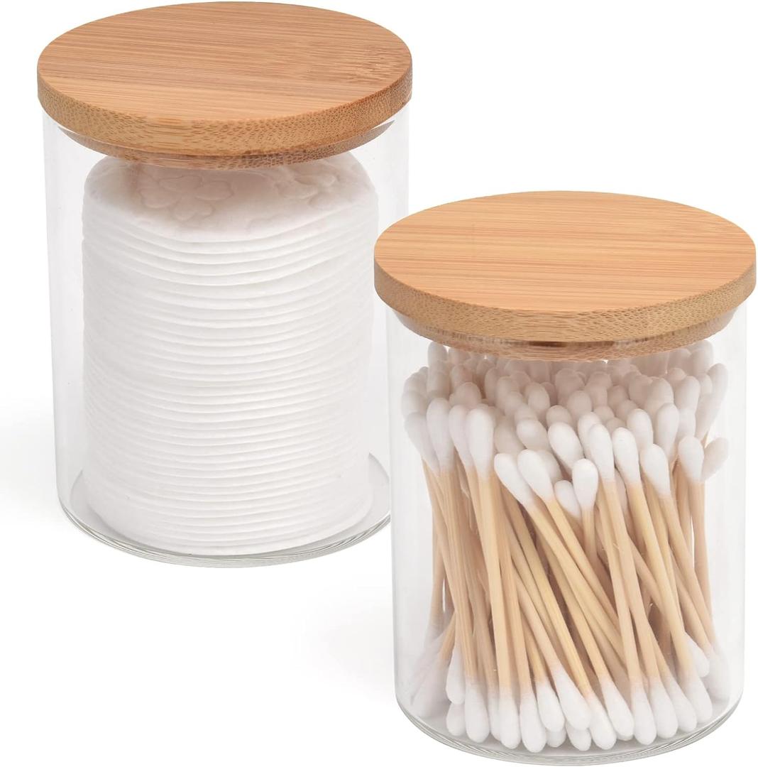 2 Pack Glass Qtip Holder Dispenser Set - Apothecary Jars With Lids - Vanity Makeup Organizer and Bathroom Canister Storage for Cotton Ball, Swab, Round Pads, Floss
