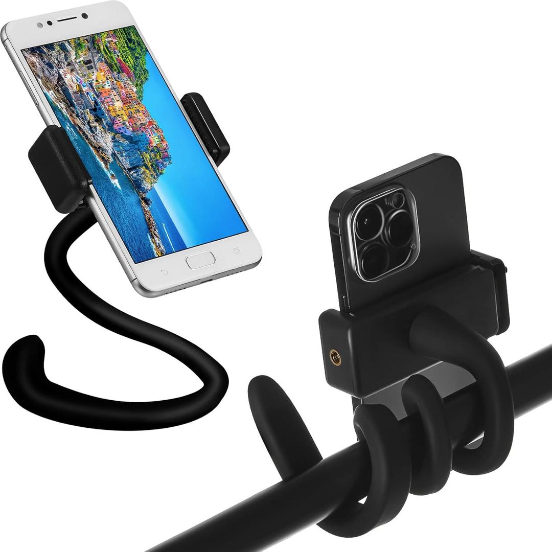 Amylove 2 Pcs Stroller Phone Holder Portable Cell Phone Holder Stand Universal Stroller Accessories for Parent Baby Toddler Cellphone Clamp with Non Slip Silicone Arm Grip(Black,Novel)