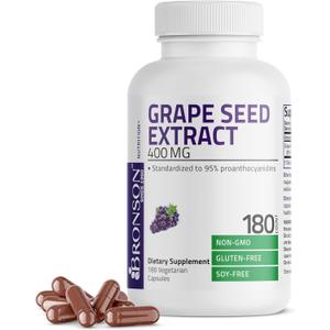 Bronson Grape Seed Extract 400 mg - Antioxidant & Immune Support - Standardized Extract with 95% Proanthocyanidins- Non GMO, 180 Vegetarian Capsules, Best By: 06/2025