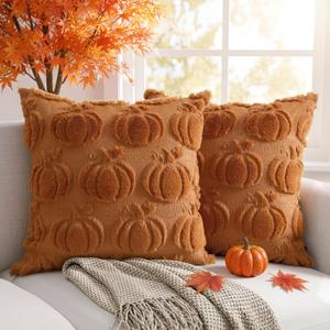 2 x Thmyo Fall Decorative Throw Pillow Covers 18x18 inch Set of 2, Caramel Pumpkin Cushion Cases for Autumn, Soft Faux Fur DIY Pillowcases for Sofa Couch Bedroom Thanksgiving Winter Home Decor Gift
