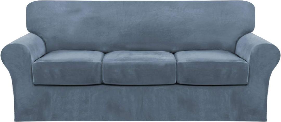 FantasDecor 4 Piece Sofa Velvet Couch Covers for 3 Cushion Stretch Slipcover with Individual Seat Cushion Elastic Furniture Protector for Pets, Machine Washable (Sofa,Stone Blue)