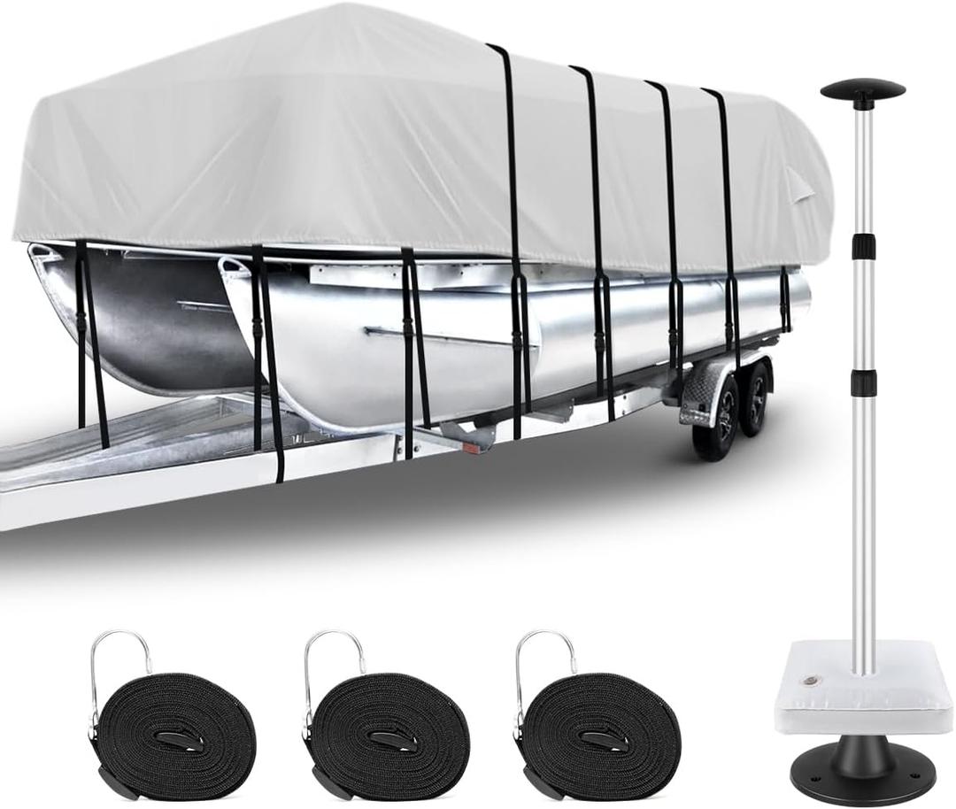 1200D Pontoon Boat Cover - Waterproof, Heavy Duty, Trailerable, 21-24ft, Gray with Motor Cover Support