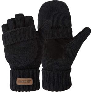OMECHY Winter Knitted Fingerless Wool Gloves Thermal Insulation Warm Convertible Mittens Flap Cover for Men Women (One Size, Black)