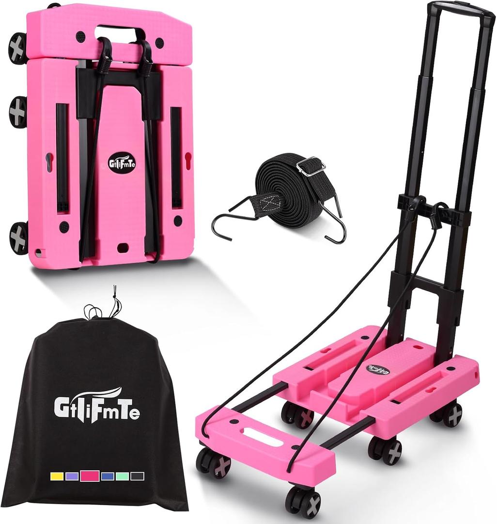 Folding Hand Truck Lightweight Hand Truck Dolly Foldable,Luggage cart with 6 Rotate Wheels, Utility Cart with Adjustable Handle,Collapsible Dolly for Moving (Pink)