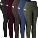 CHRLEISURE Leggings with Pockets for Women, High Waisted Tummy Control Workout Yoga Pants (Large, 5 Packs - Black/Navy/Brown/Cassis/Army Green)