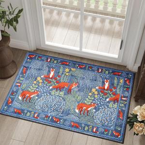 Botanical Floral Small Entryway Rug Non Slip Boho Vintage Entrance Indoor Doormat Thin Profile, Colorful Indigo Blue Cute Woodland Forest Nature 2x3 Area Rugs for Kids Bathroom Bedroom Kitchen Laundry