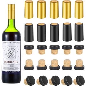Blulu 49 Pack Wine Sealer for Wine Bottles, 50 Pcs Cork Stoppers and 50 Pcs PVC Heat Shrink Capsules Bottle Resealer Kit for Cruise Home Cellars Wedding Christmas Party(Gold, Black)