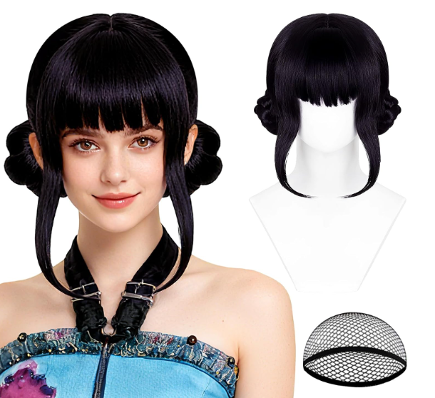 Black Purple Anime Cosplay Wig + Earrings Dark Purple Costume Wigs with Bangs & Twin Braid Buns for Women Halloween Party Daily