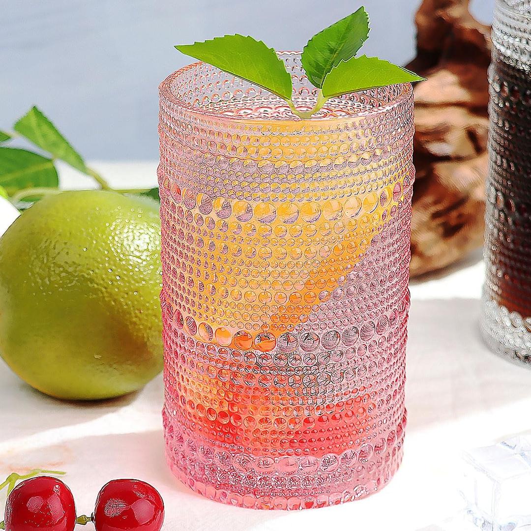 Hobnail-Drinking Glasses 13oz Vintage Glassware Sets Cocktail Juice Glasses Set of 6, Pink