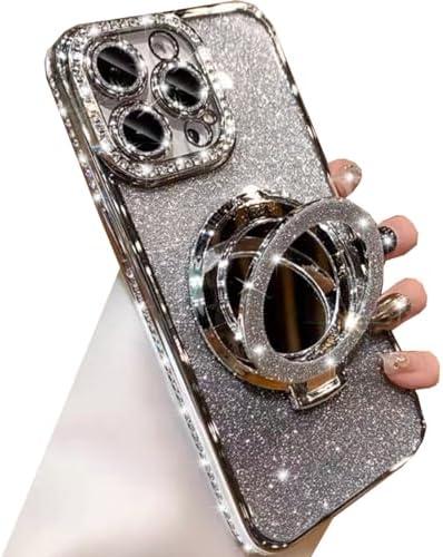 Changjia Magnetic Kickstand Glitter Case for iPhone 15 Pro Max,[Compatible with Magsafe] Bling Sparkly Rhinestones with Camera Protector & Makeup Mirror Women Girls Case for iPhone 15 Pro Max (Silver)