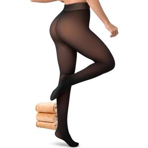 Womens Fleece-Lined Tights - Ultra-Warm Fake Sheer Look Pantyhose Thick Leggings for Winter (Large Plus, Brown - 1 Pair)