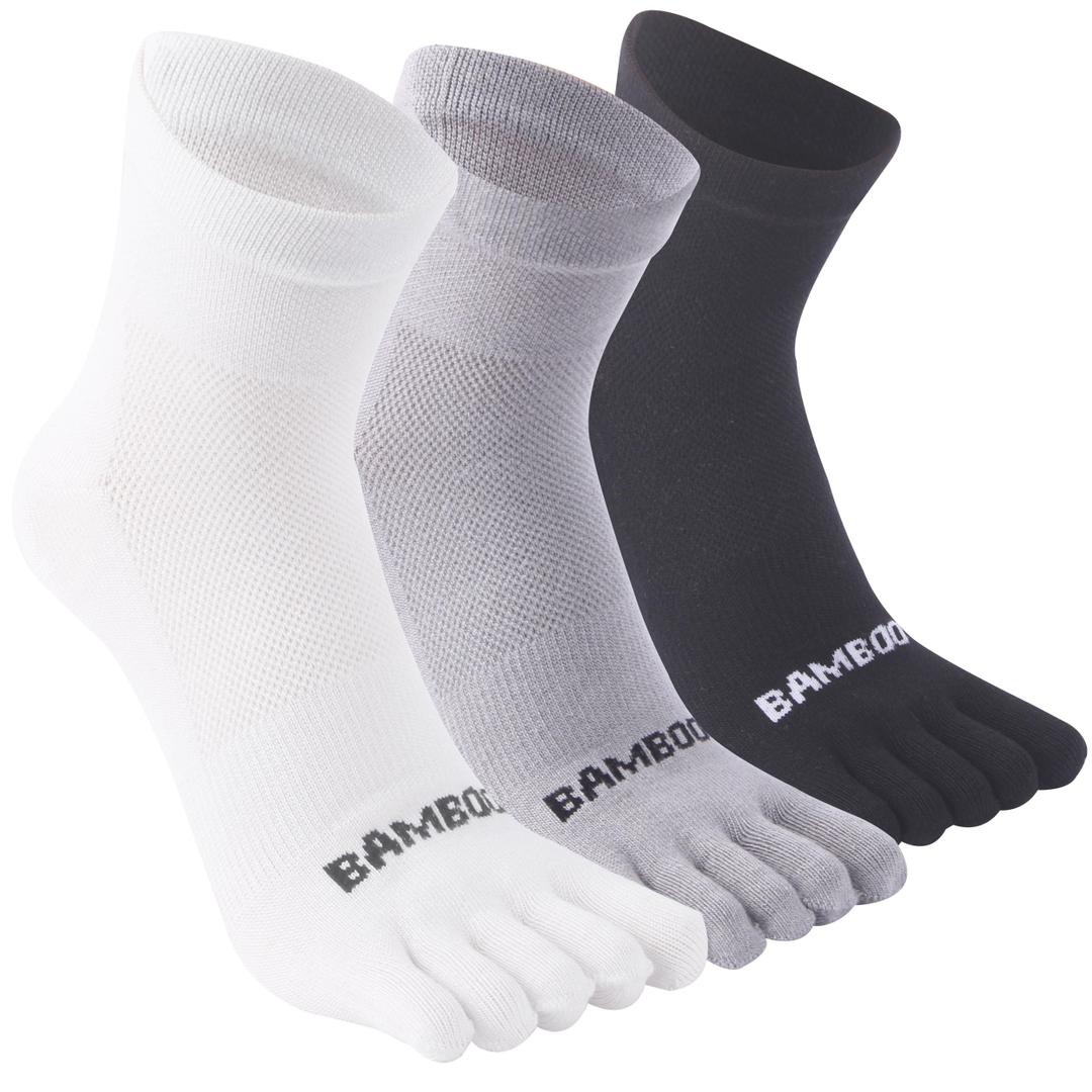Sunew Women Toe Socks, Mens Viscose Fiber Wicking Moisture Athletic Running Five Finger Quarter Socks Black White Grey 3 Pairs Medium