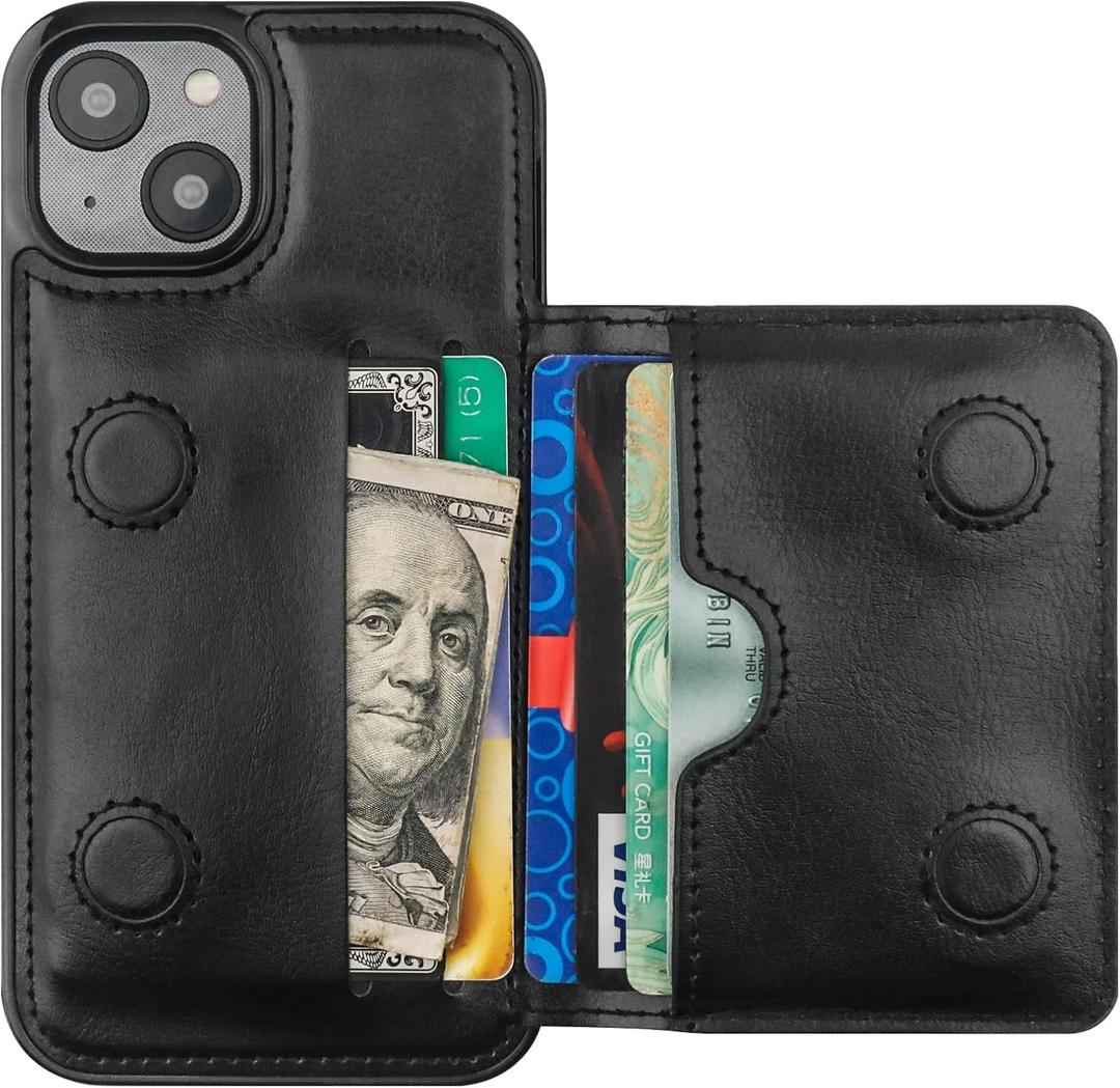 KIHUWEY Compatible with iPhone 14 Wallet Case Credit Card Holder, Premium Leather Kickstand Flip Hidden Magnetic Clasp Durable Shockproof Protective Cover for iPhone 14 6.1 inch (Black)