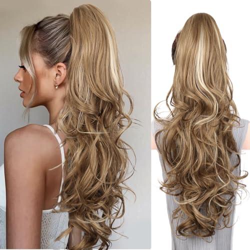 ZQIAN BEAUTY 26 Inch Ponytail Extension - Clip in Ponytail Hair Extensions, Curly Long Pony Tails Hair Extensions, Claw Clip Ponytail Extension for Women (Color: Light Brown With Beige Highlights)