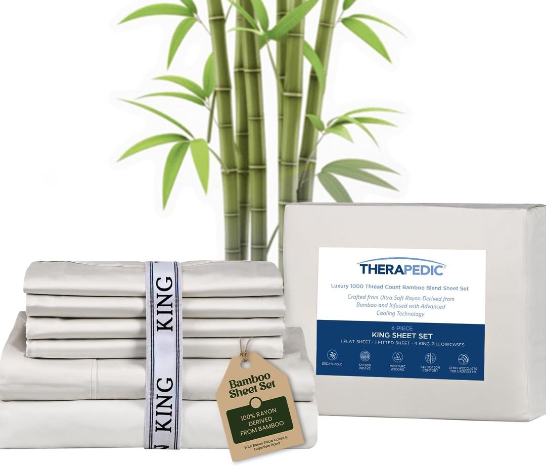 Therapedic 100% Organic Rayon Derived from Bamboo King Sheet Set | 1000TC 6-Piece Cooling Sheets Set, 16 Deep Pocket Fitted Sheet, 4 Pillowcases - Ivory